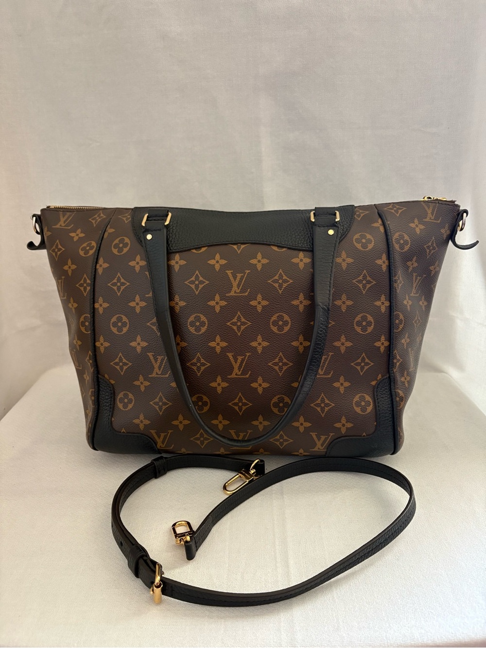Louis Vuitton Brown Monogram Canvas Tote with Black Leather Trim Estrela noir